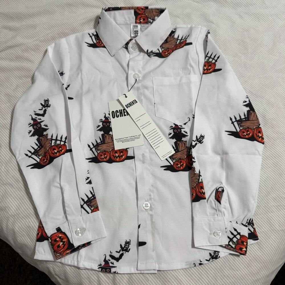 Boys Halloween Shirt Size 6 Long Sleeve Pumpkin Button Up NWT